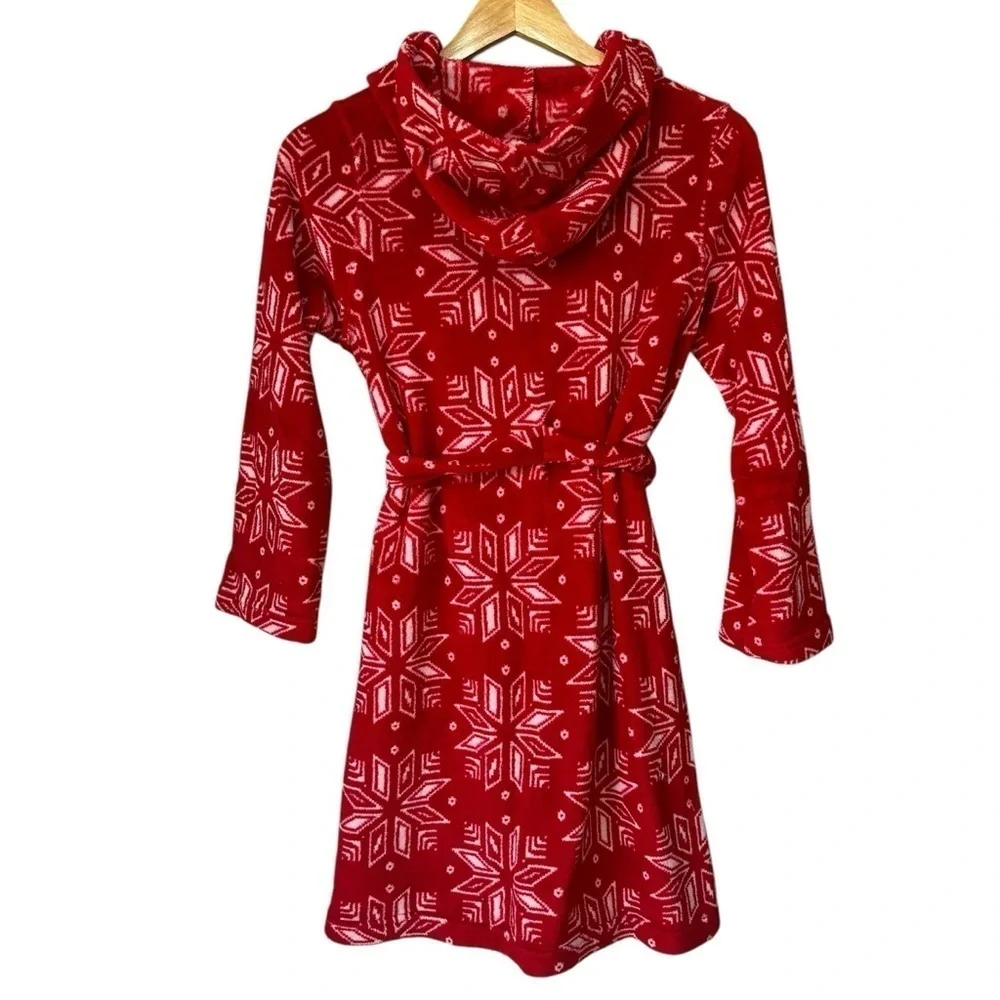 Lands' End Kids Fleece Hooded Robe, Christmas red with white snowflakes, 12